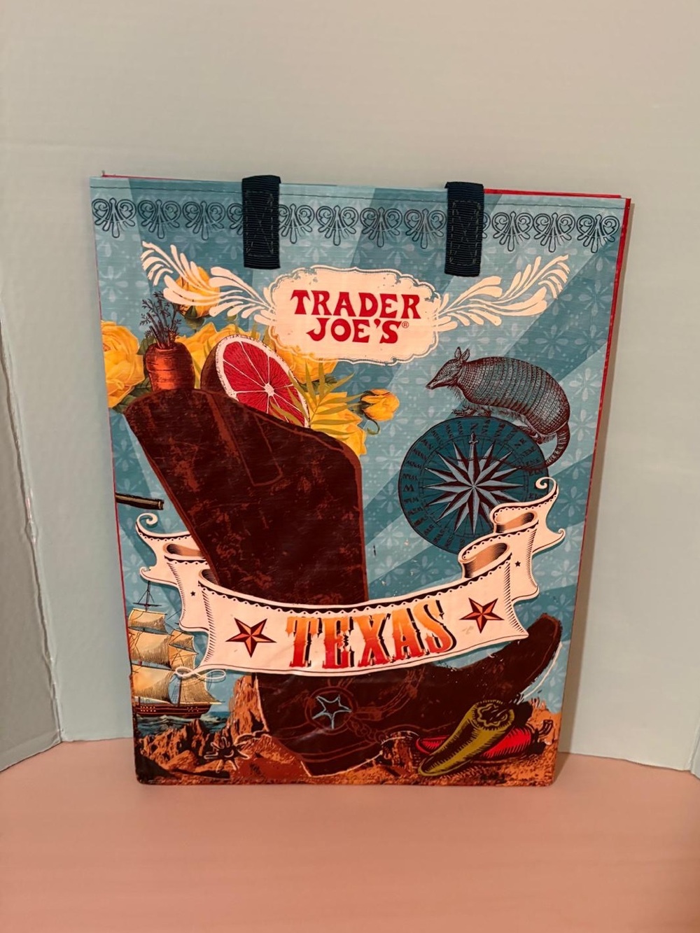 NWT Trader Joe’s Texas Reusable Shopping Tote Bag Armadillo Cowboy Boots Grocery